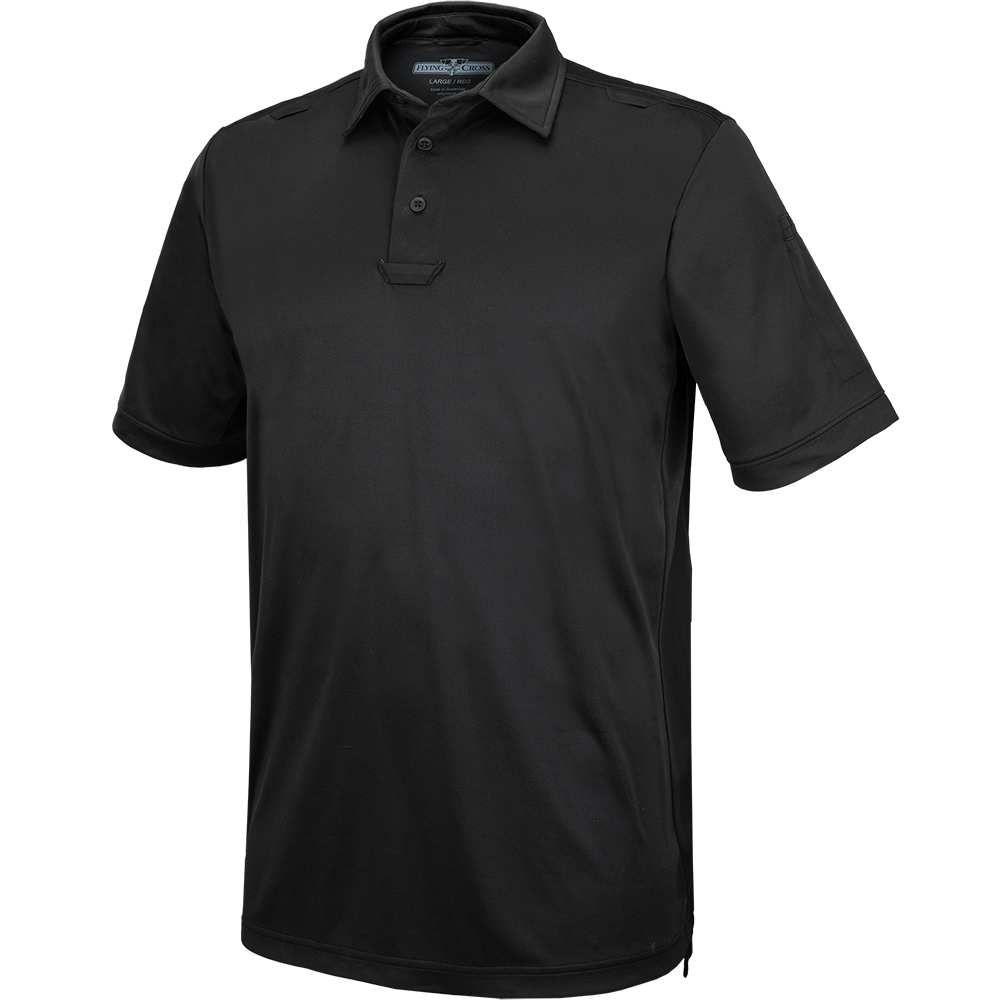 Product shot of a black Flying Cross Large Polo shirt featuring a three button placket and a small pocket on the sleeve showcasing its tactical design and soft fabric