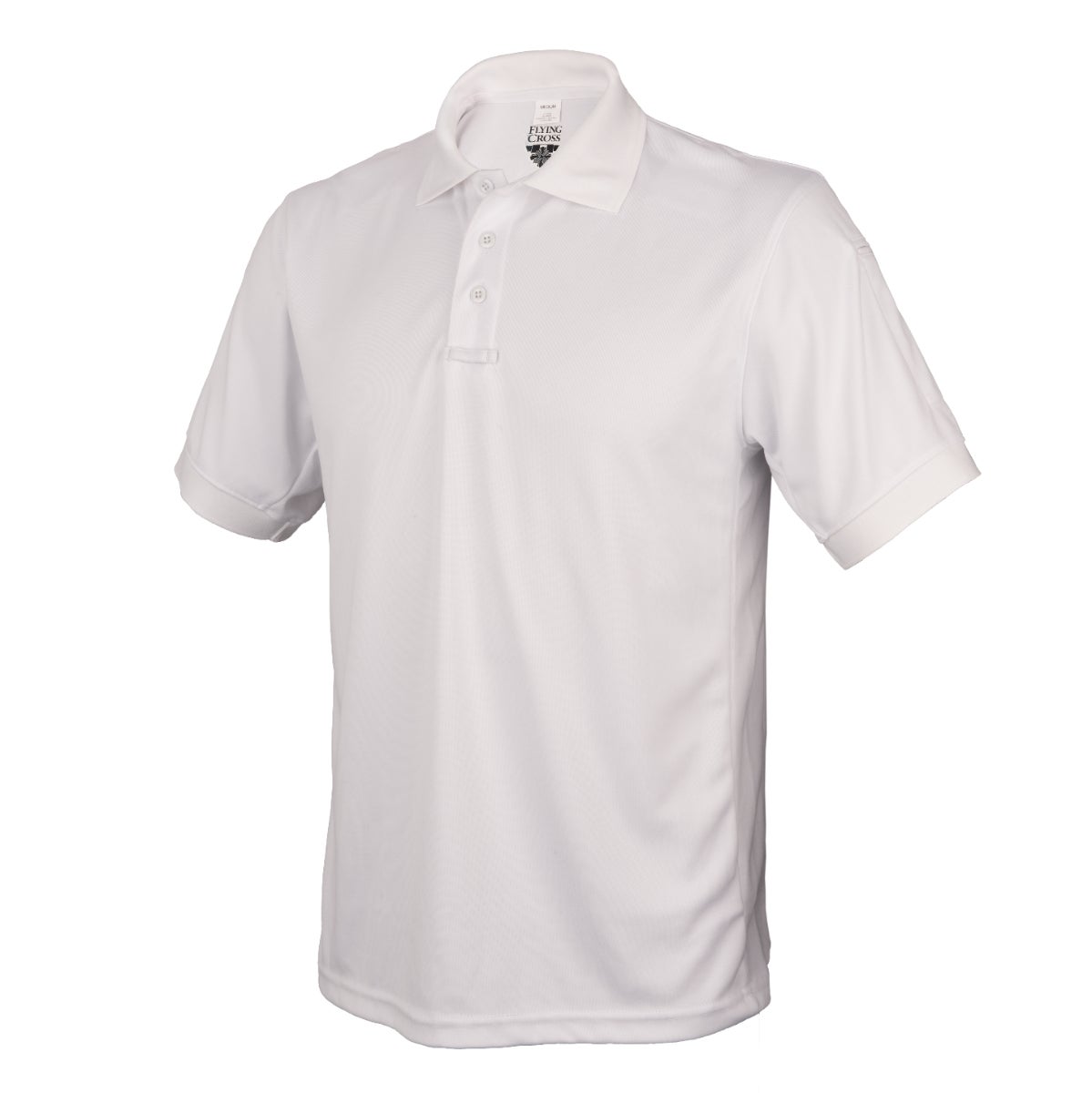 Product shot of a Flying Cross brand white short sleeve polo shirt featuring a three-button placket and a small embroidered logo on the inner collar showcasing crisp stitching and a smooth texture