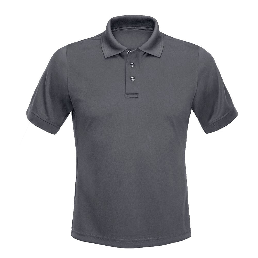 Product shot of a charcoal gray short-sleeve polo shirt featuring a three-button placket and a classic collar showcasing subtle stitching details