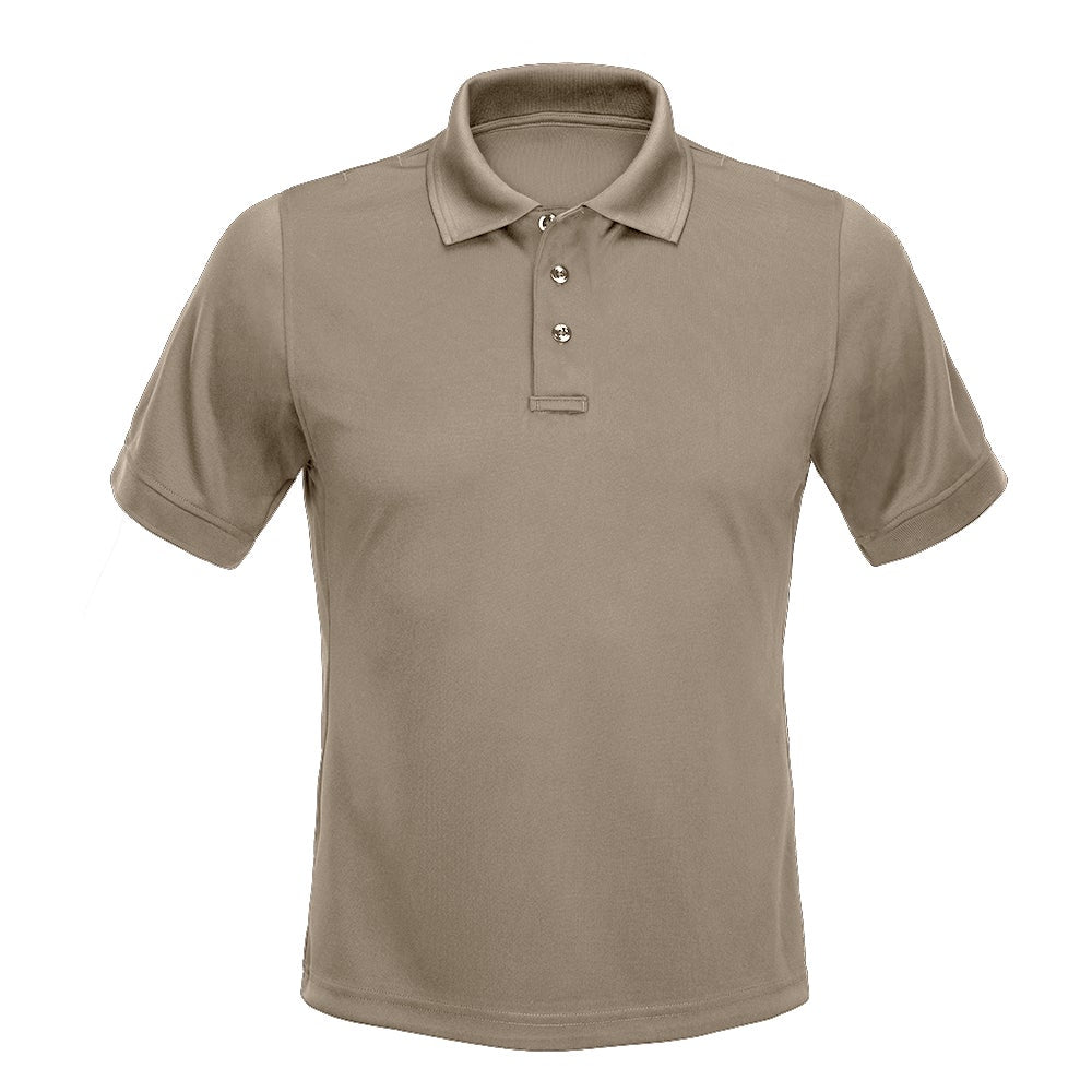 Product shot of a khaki short-sleeved polo shirt featuring a three-button placket and a subtle hemline showing off a neutral tone and a simple design