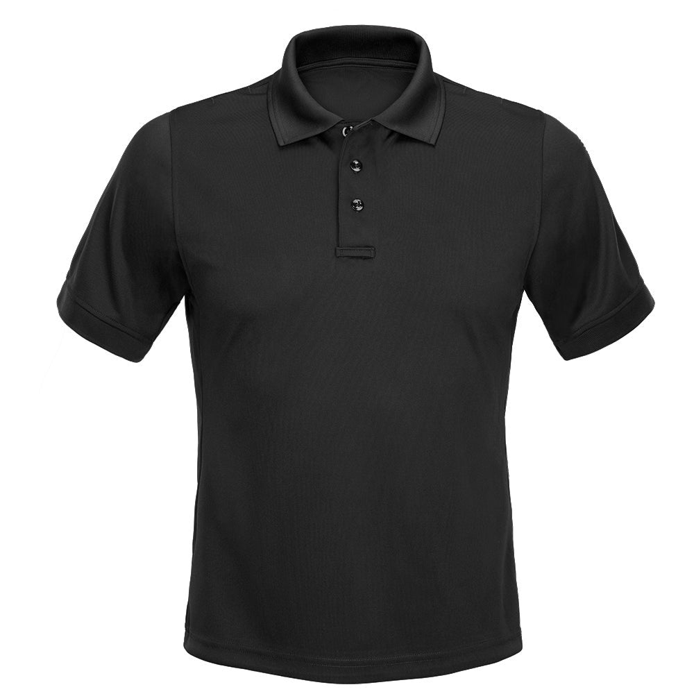 Product shot of a black men's short-sleeved polo shirt featuring a three-button placket and a classic collar showcasing its smooth texture and simple design