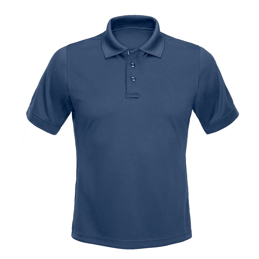 Product shot of a dark blue short-sleeved polo shirt featuring a three-button placket and a ribbed collar