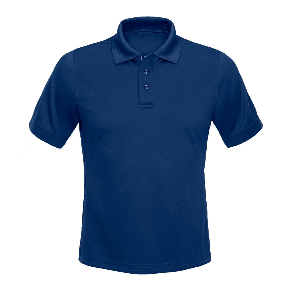 Product shot of a dark blue men's polo shirt featuring a three-button placket and short sleeves against a white background