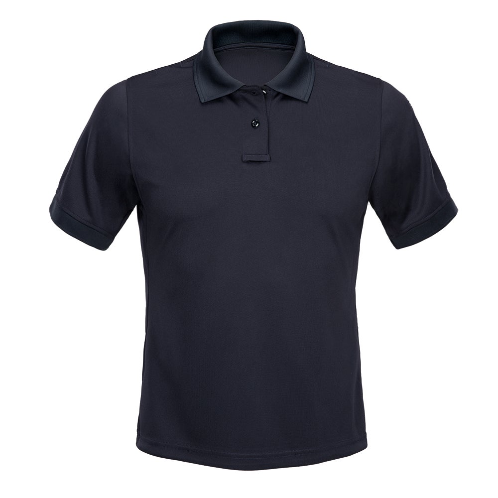 Product shot of a dark navy blue short-sleeved polo shirt featuring a classic collar and three-button placket showing subtle texture and clean lines against a white background