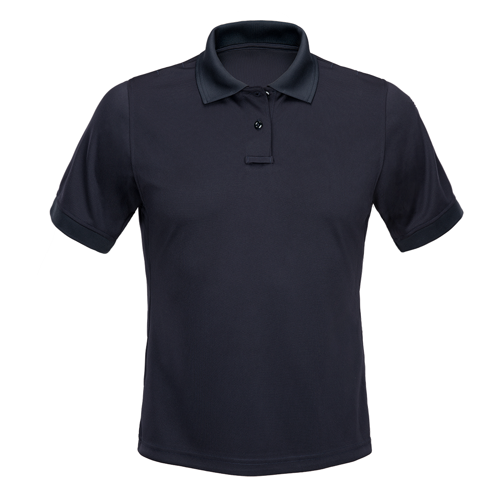 Product shot of a dark navy blue short sleeve polo shirt with a two button placket and a ribbed collar.