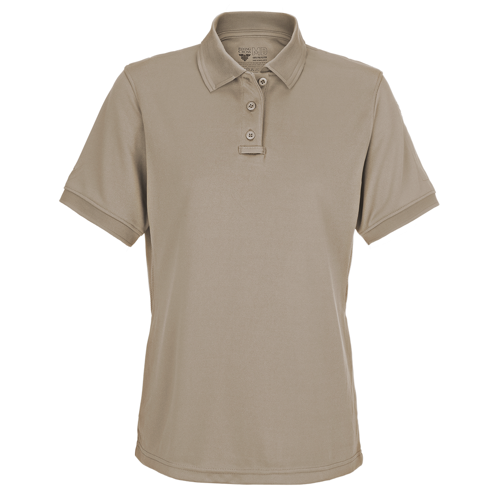 Product shot of a tan First Tactical MD polo shirt featuring a three-button placket and a subtle logo above the left breast pocket