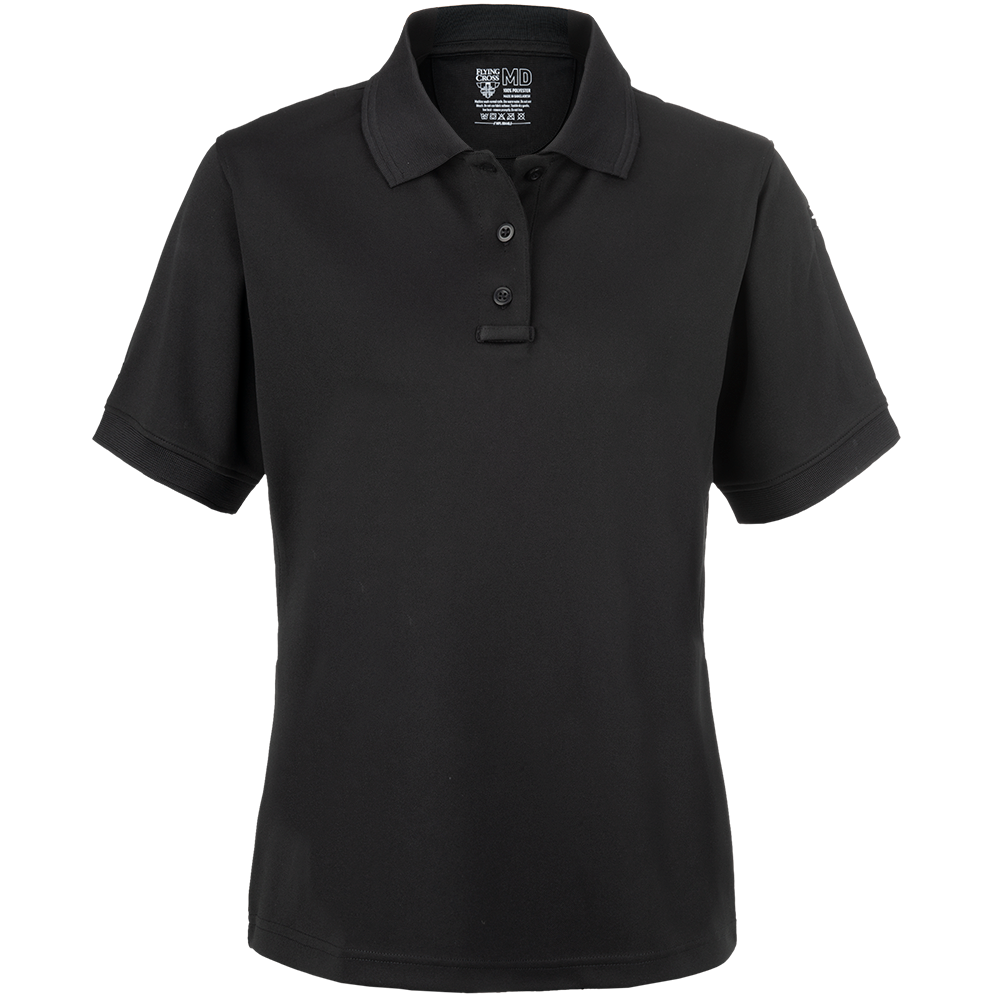 Product shot of a black First Tactical MD Women's short sleeve polo shirt featuring a three-button placket and a reinforced collar