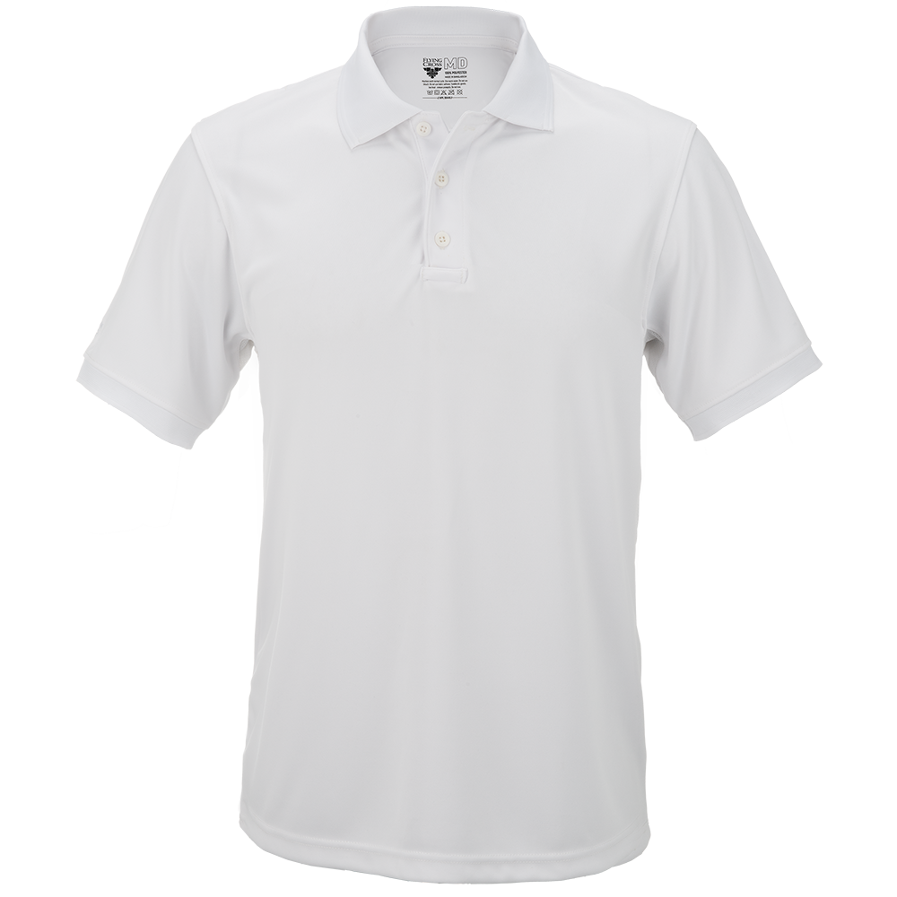 Product shot of a white 5.11 Tactical polo shirt featuring a three-button placket and a small logo on the inner collar showcasing a crisp, clean design and a comfortable fit