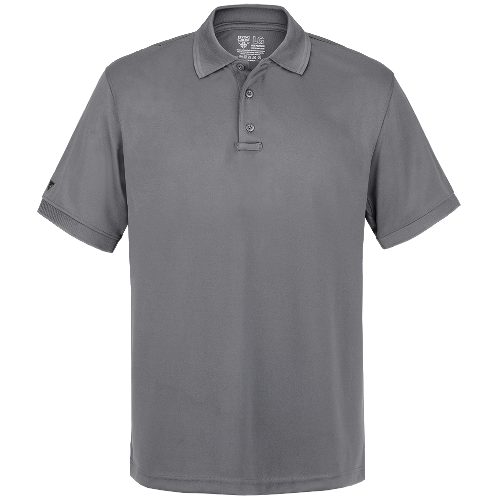 Product shot of a gray Flying Cross LG men's performance polo shirt showcasing its three-button placket and short sleeves against a blurred background