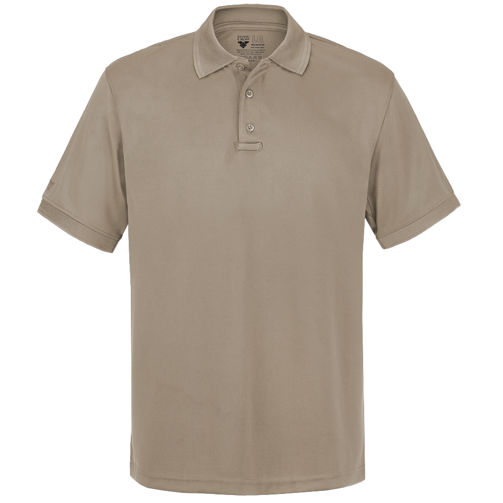 Product shot of a Flying Cross brand, large, tan men's short-sleeved polo shirt featuring a three-button placket and subtle stitching details