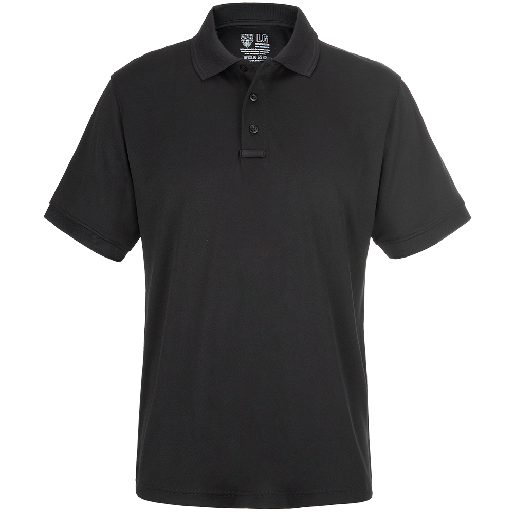Product shot of a black Flying Cross brand polo shirt featuring a three-button placket and a subtle logo on the inner neck showing size large