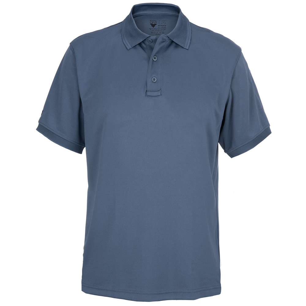 Product shot of a Flying Cross LG size men's short sleeve polo shirt in a slate blue color featuring a three button placket and a reinforced stitched hem
