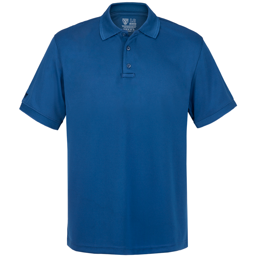 Product shot of a Flying Cross brand men's large, royal blue performance polo shirt featuring a three button placket and a small logo on the sleeve