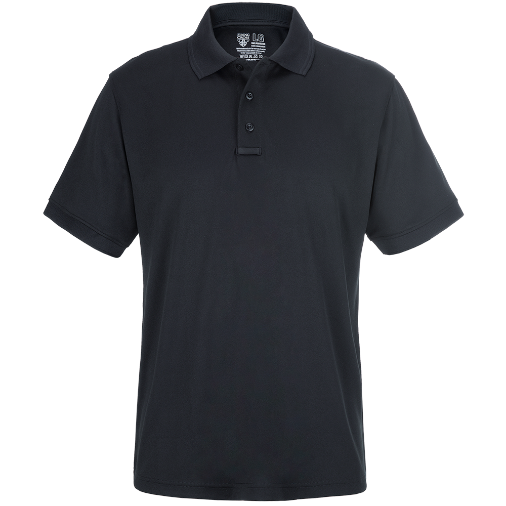 Product shot of a black Flying Cross brand polo shirt showing a dark, solid color, a three button placket, and a small logo tag at the neckline