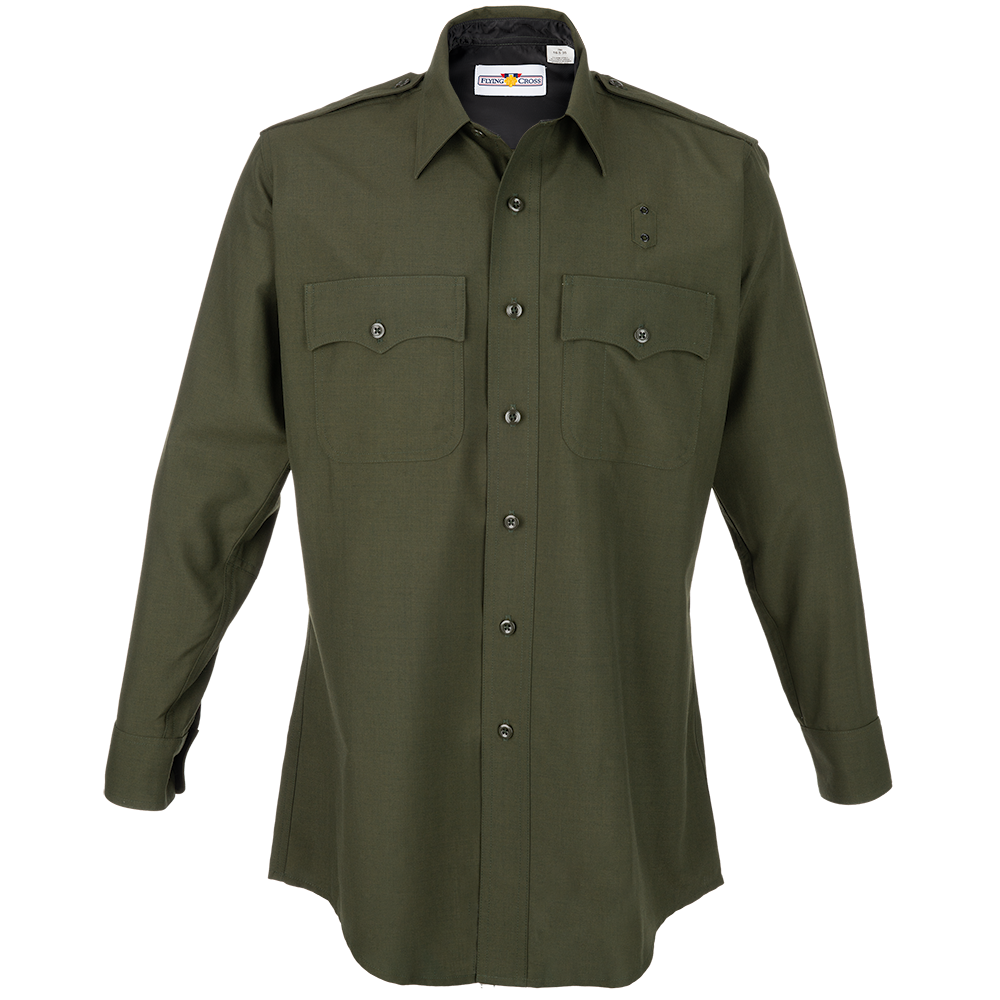 Flying Cross long-sleeved olive green work shirt featuring two chest pockets and dark buttons against a white background