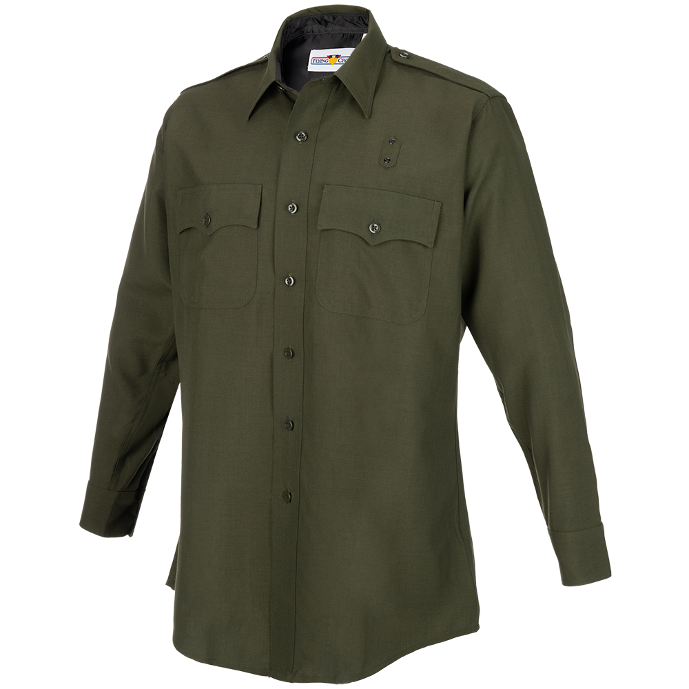 Product shot of a Flying Cross long-sleeve olive green uniform shirt featuring button-down front flap pockets and epaulets showing a crisp fabric and subtle texture