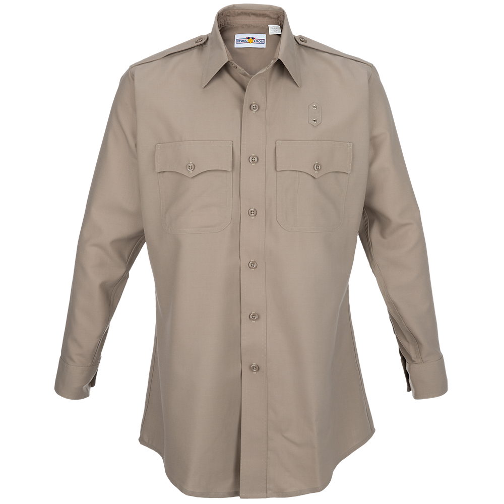 Product shot of a tan long-sleeved button-down shirt featuring two chest pockets and a small logo above the right pocket with long sleeves and a collared neckline