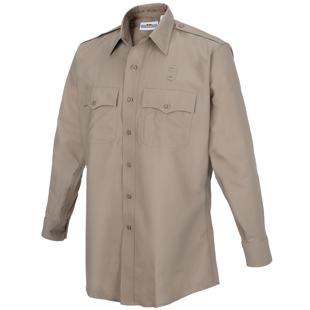 Product image showing a beige long-sleeved button-down shirt with two chest pockets and metal buttons featuring a subdued logo on the collar