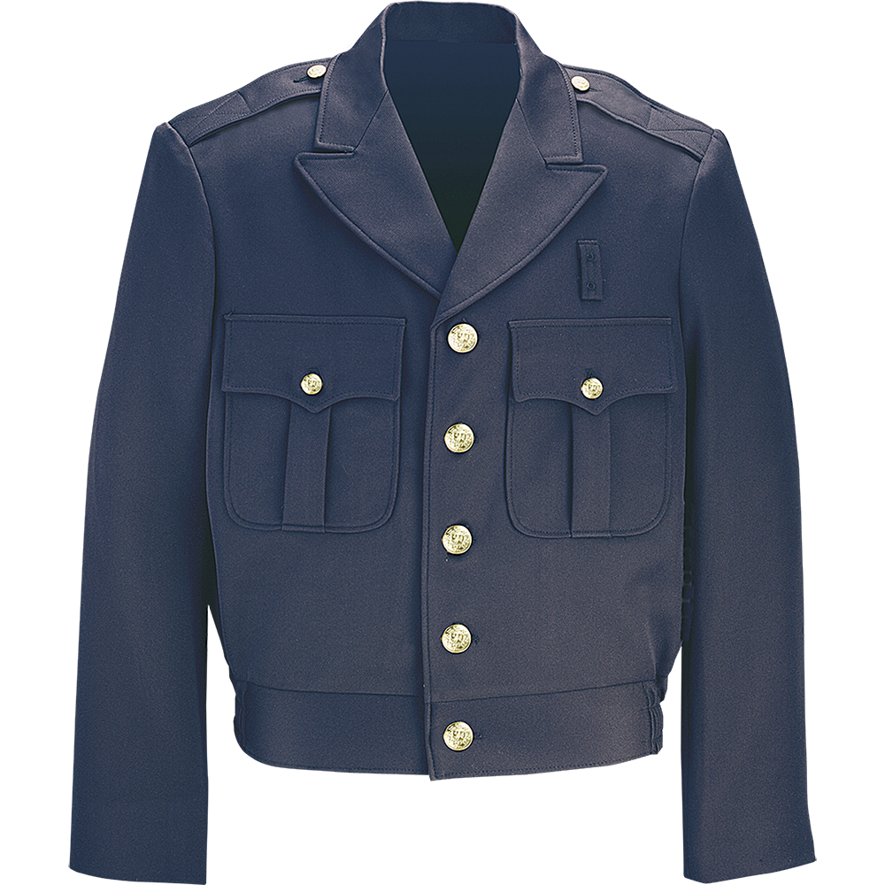 Close-up of a dark blue US Army service dress jacket featuring brass buttons flap pockets and a small insignia on the lapel