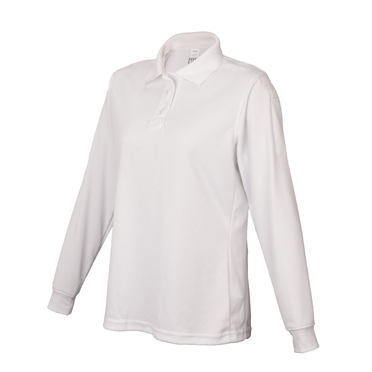 Product shot of a white long-sleeve women's polo shirt featuring a three-button placket and ribbed cuffs, against a white background