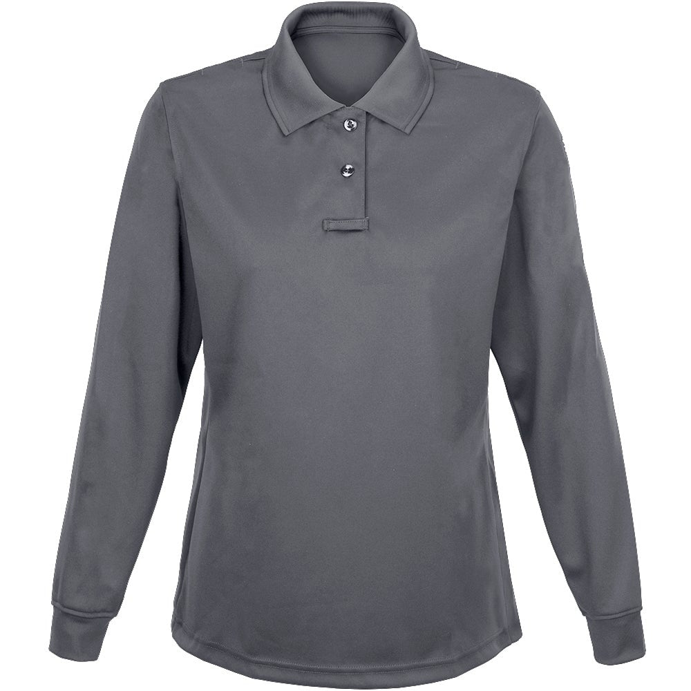 Product shot of a charcoal gray long-sleeve women's polo shirt featuring a three-button placket and a small loop detail on the chest showcasing its soft texture and subtle sheen against a white background