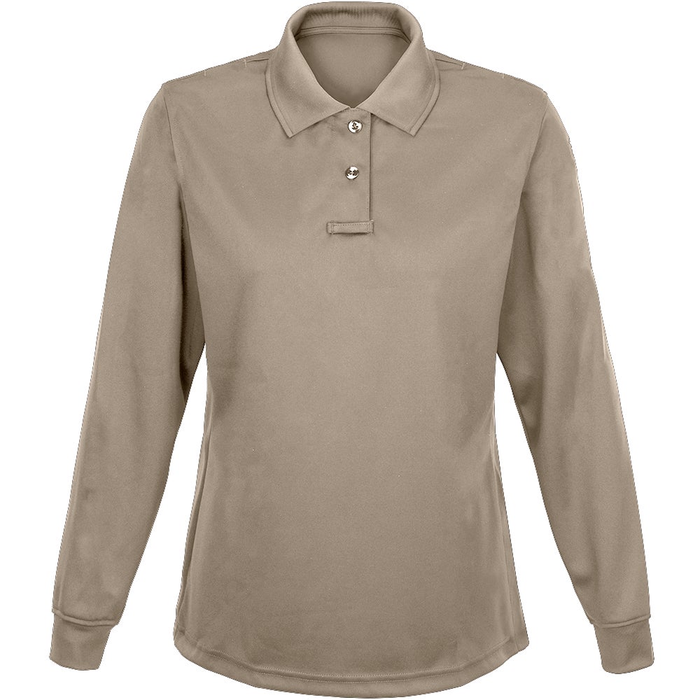 Product shot of a beige women's long-sleeve polo shirt featuring a three-button placket and a subtle khaki hue against a stark white background showcasing its smooth texture and comfortable fit