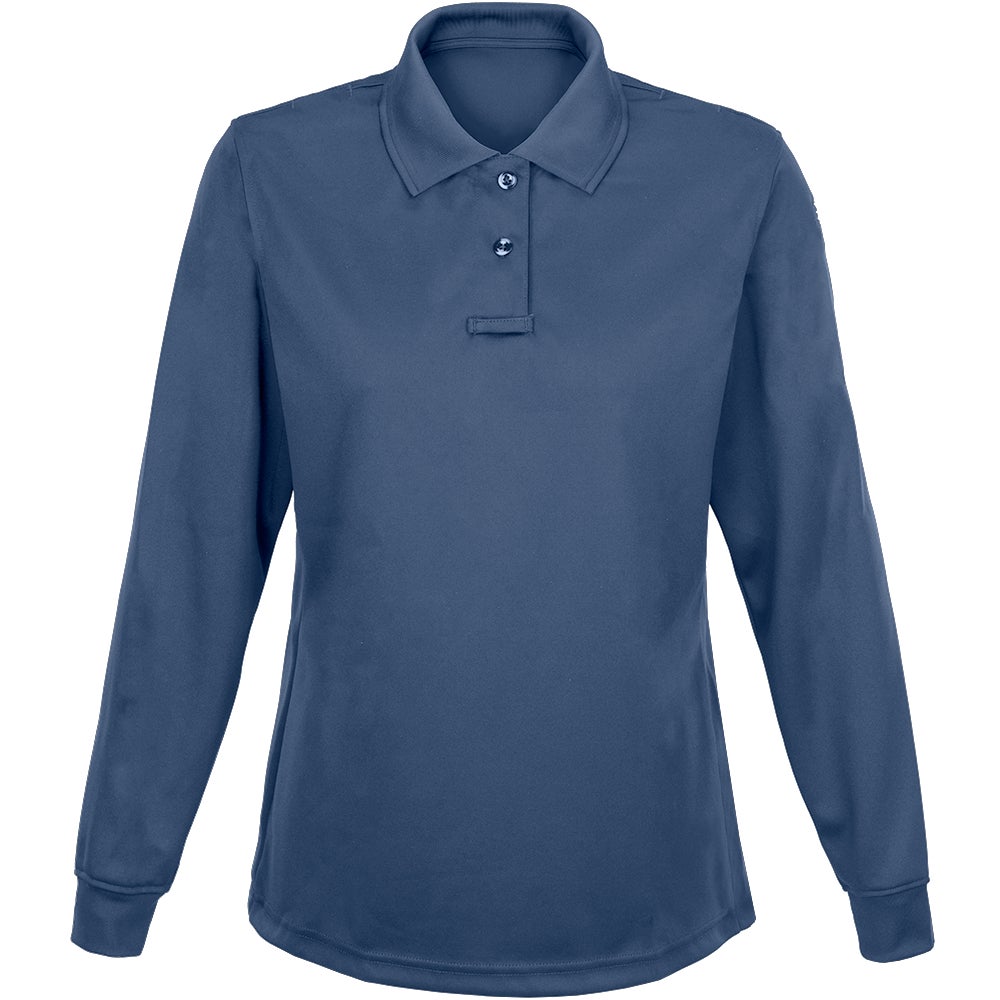 Product shot of a long-sleeved, dark blue women's polo shirt featuring a three-button placket and ribbed cuffs, showcasing its smooth texture and solid color