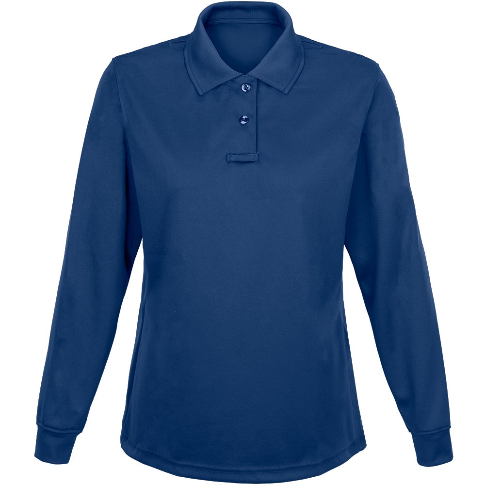 Product shot of a women's long-sleeve, dark blue polo shirt featuring a three-button placket, a small loop detail below the buttons, and a classic collared neckline.