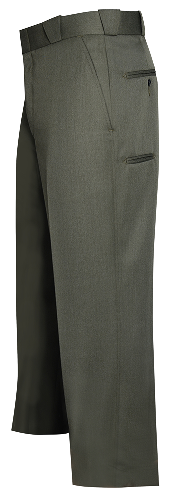 Product shot of olive green pants featuring a unique pleated waistband, zippered pockets, and a subtle herringbone weave