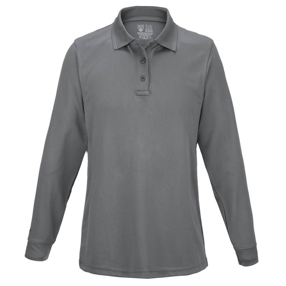 Product shot of a grey long-sleeve Propper women's performance polo shirt featuring a three-button placket and a tag with logo detail showcasing subtle texture and a sleek design