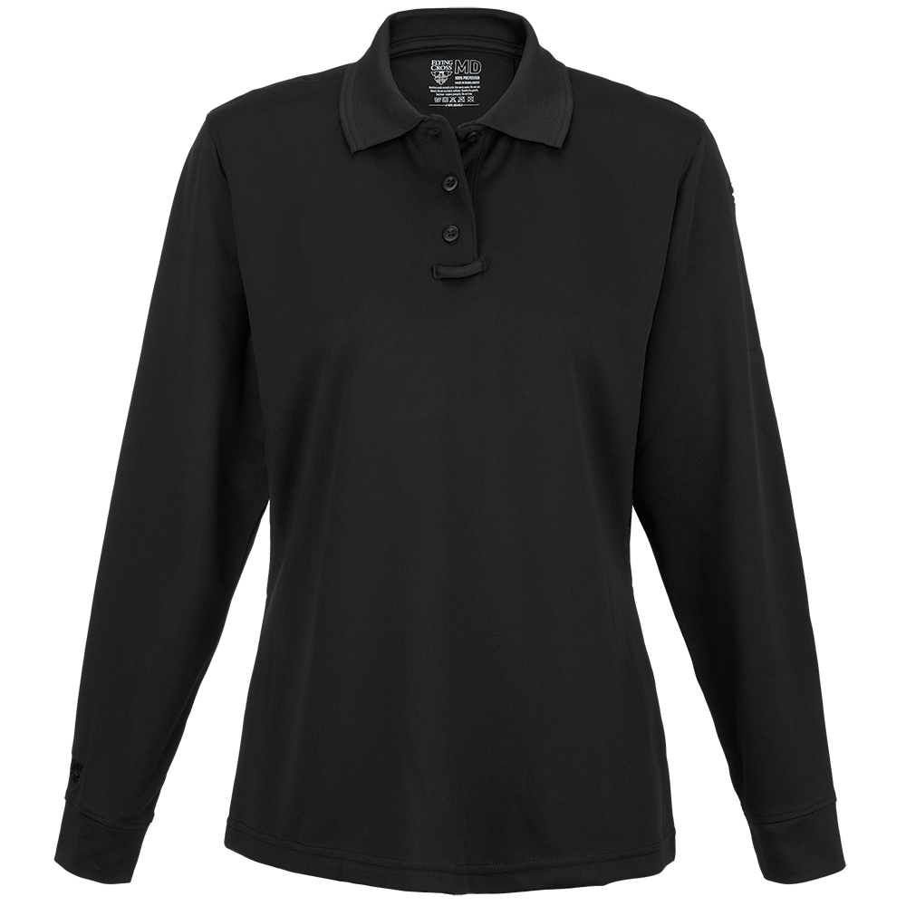 Product shot of a black Flying Cross MD women's long-sleeve performance polo shirt featuring a three-button placket and subtle branding showing a dark gray collar and cuffs