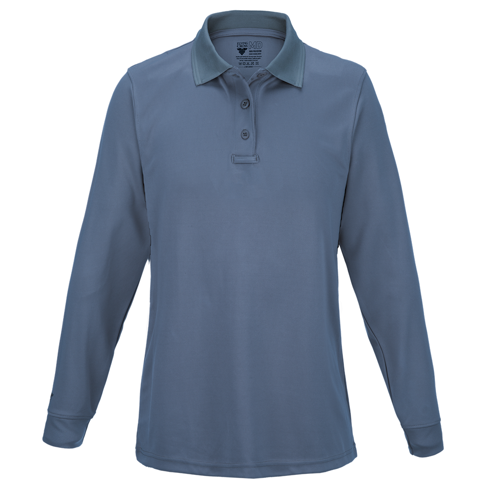 Product shot of a 5.11 Tactical women's long sleeve polo shirt featuring a light grey color a three button placket and a contrasting inner collar