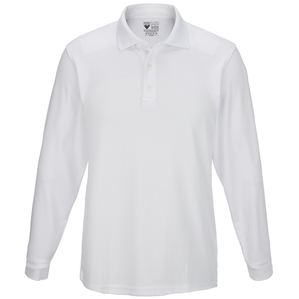 Product shot of a white Flying MD long-sleeve performance polo shirt featuring a three-button placket and a small brand logo on the upper left side.