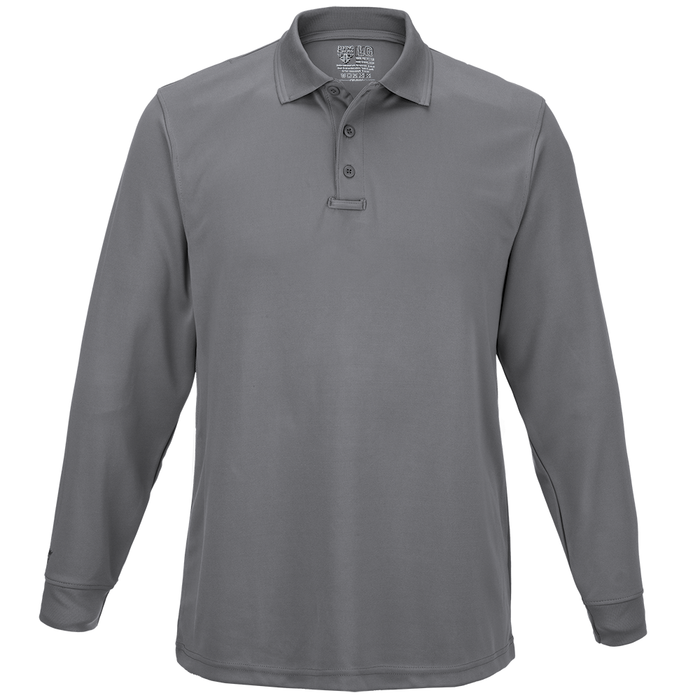Product image of a gray long-sleeve polo shirt featuring a three-button placket and a small logo on the collar