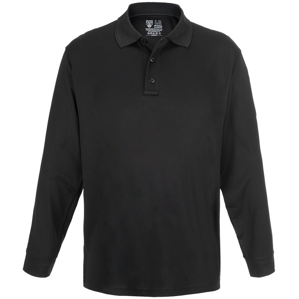 Product shot of a black long-sleeve 5.11 Tactical polo shirt showing a three-button placket and a dark gray embroidered logo on the inner collar