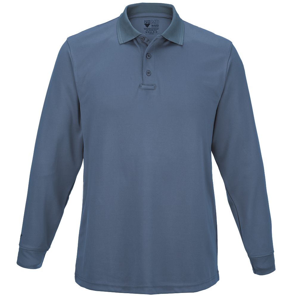 Product shot of a 5.11 Tactical long sleeve performance polo shirt featuring a gray color a three button placket and contrasting collar
