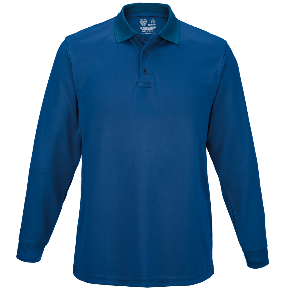 Product shot of a long-sleeved, dark-blue 5.11 Tactical polo shirt featuring a teal collar and a black button placket.