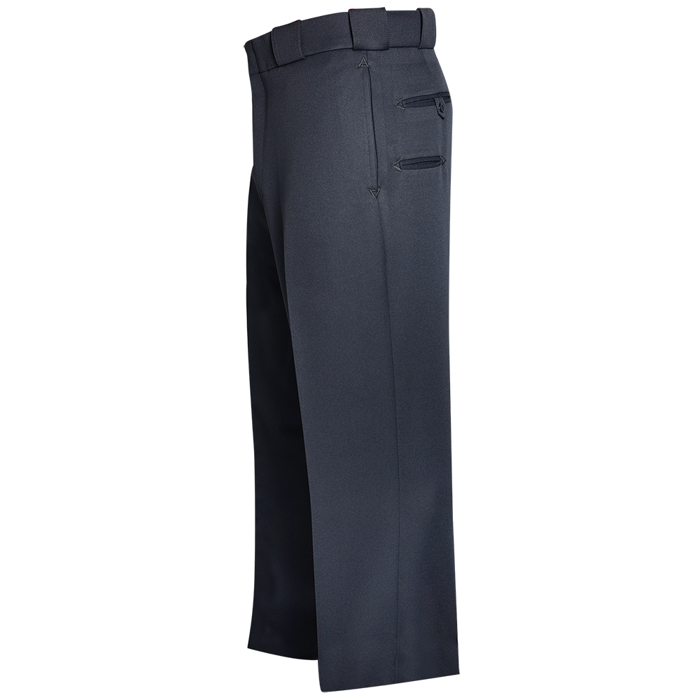 Product shot of dark-grey uniform pants featuring two zippered pockets and a sharply creased leg showing subtle stitching details