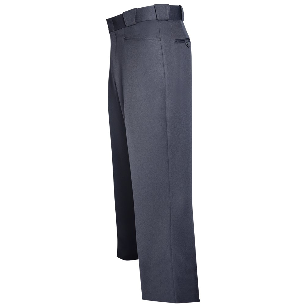 Product shot of dark gray pants showcasing a back pocket zipper detail and a neatly pressed crease a comfortable waistband and a classic straight legシルエット