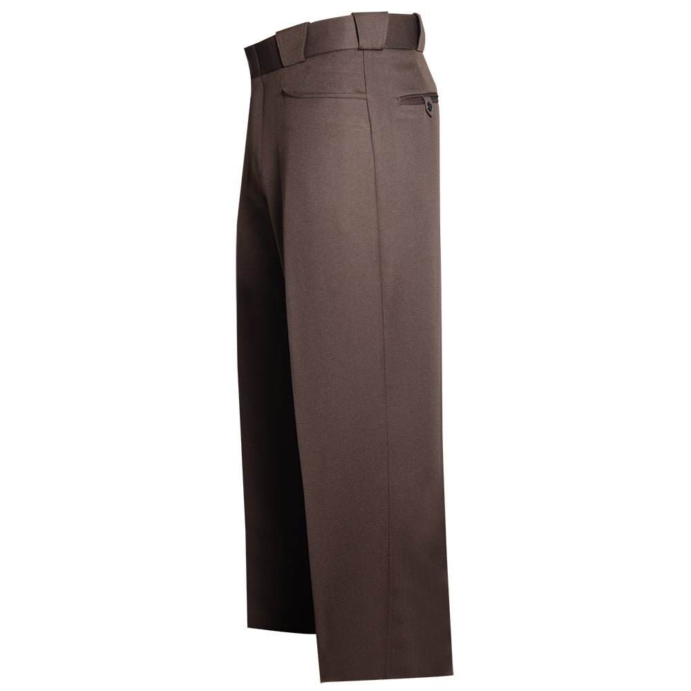 Product shot showing a pair of dark brown twill pants featuring a buttoned back pocket and a wide waistband against a white background
