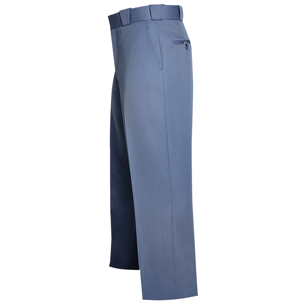 Product shot of a pair of mens steel-blue dress pants featuring a center crease a welt pocket and a visible waistband