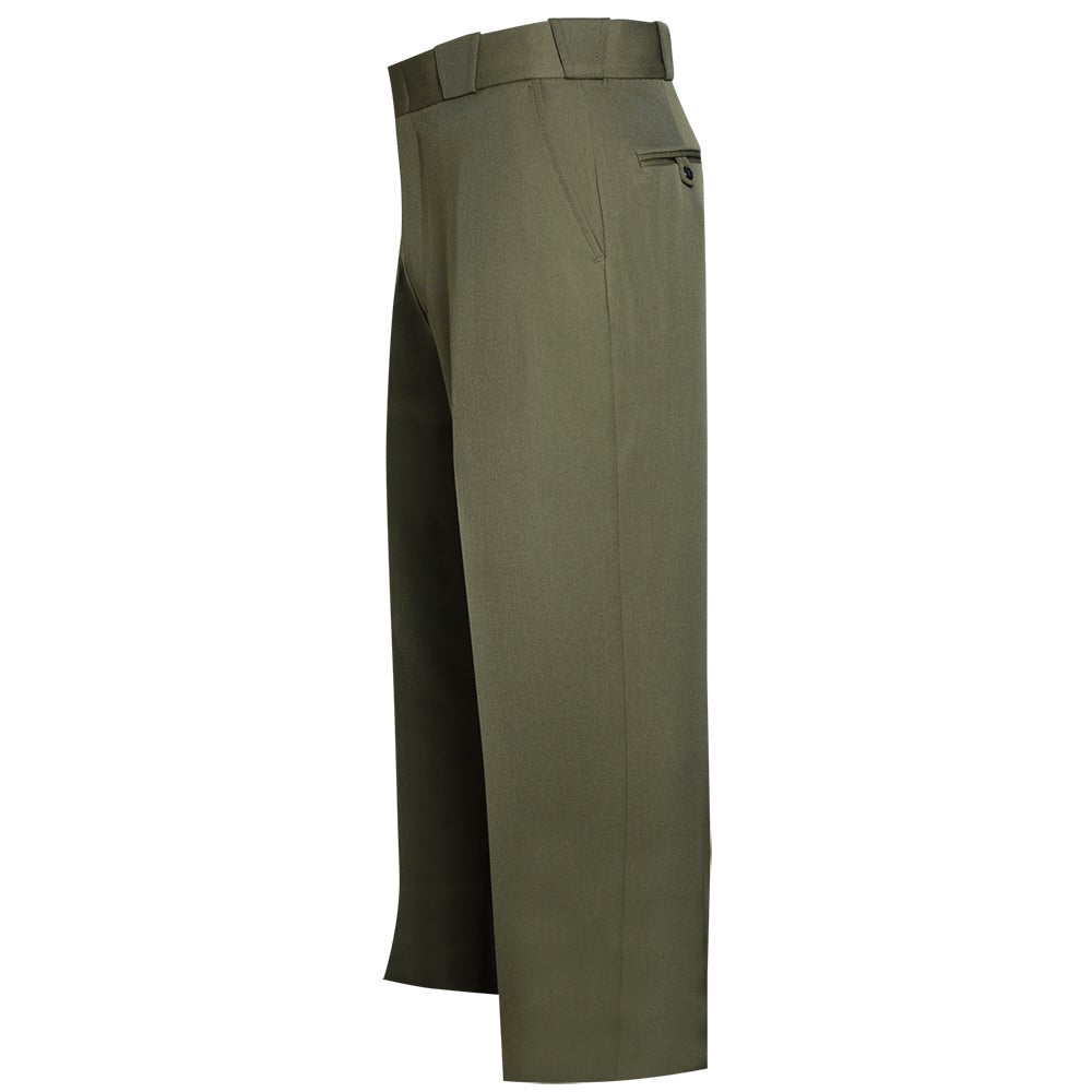 Product shot of olive green men's trousers featuring a flat front, a single back pocket, and a tailored waistband