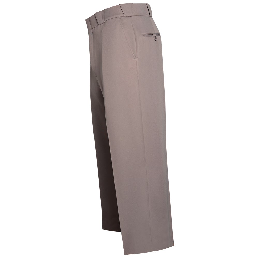 Product shot of a pair of taupe men's trousers showcasing a neat waistband and a single buttoned pocket exhibiting subtle pleats and a tailored cut against a plain white background
