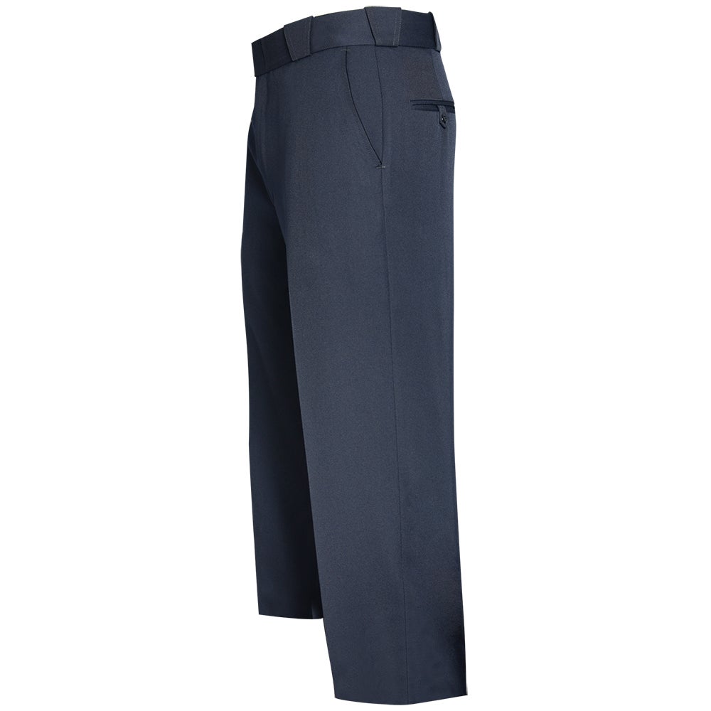Product shot of dark navy blue men's trousers featuring a belt loop waistband a zippered side pocket and a subtle crease down the leg