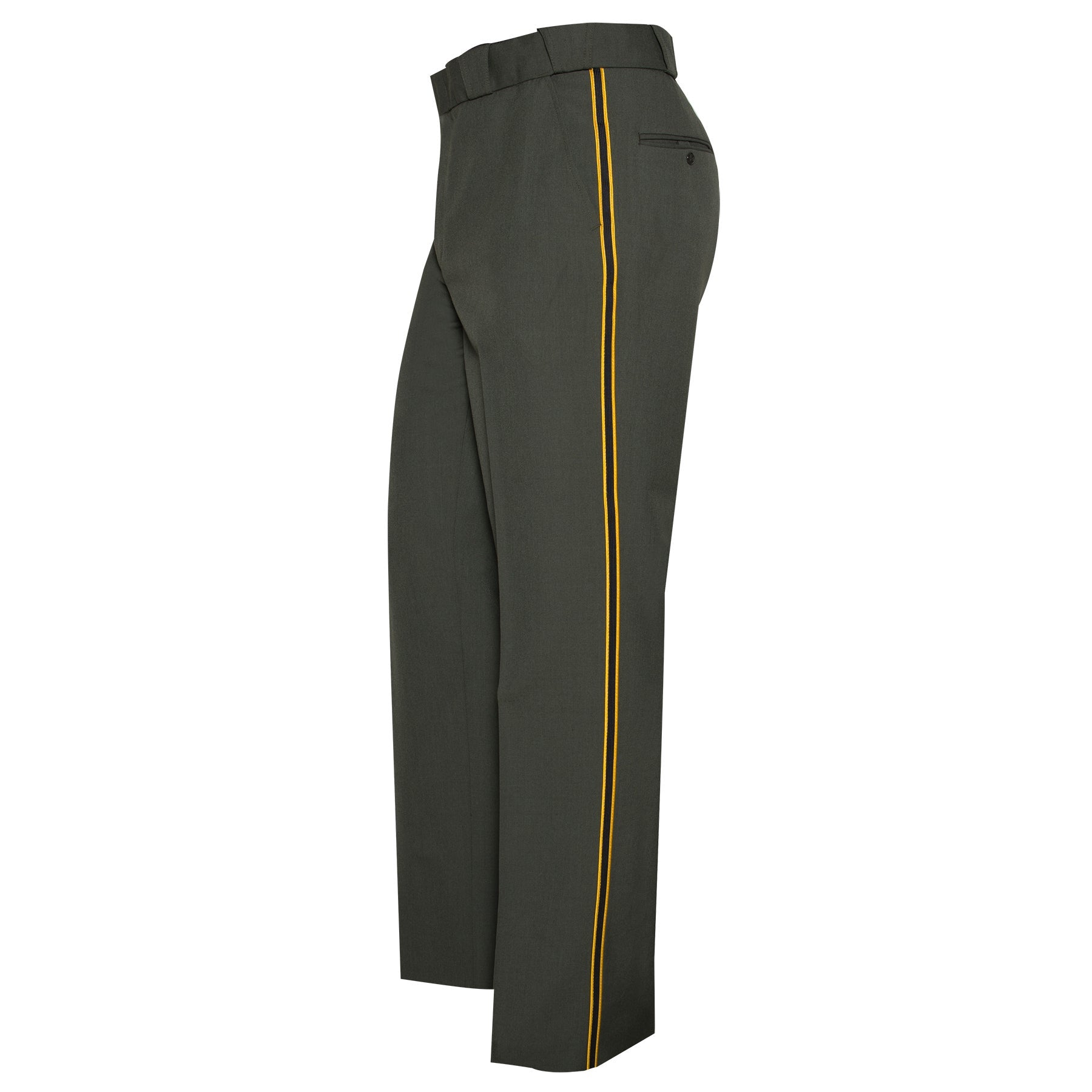 Product shot showing olive green trousers with black and gold side stripes a back pocket and a tailored waistband