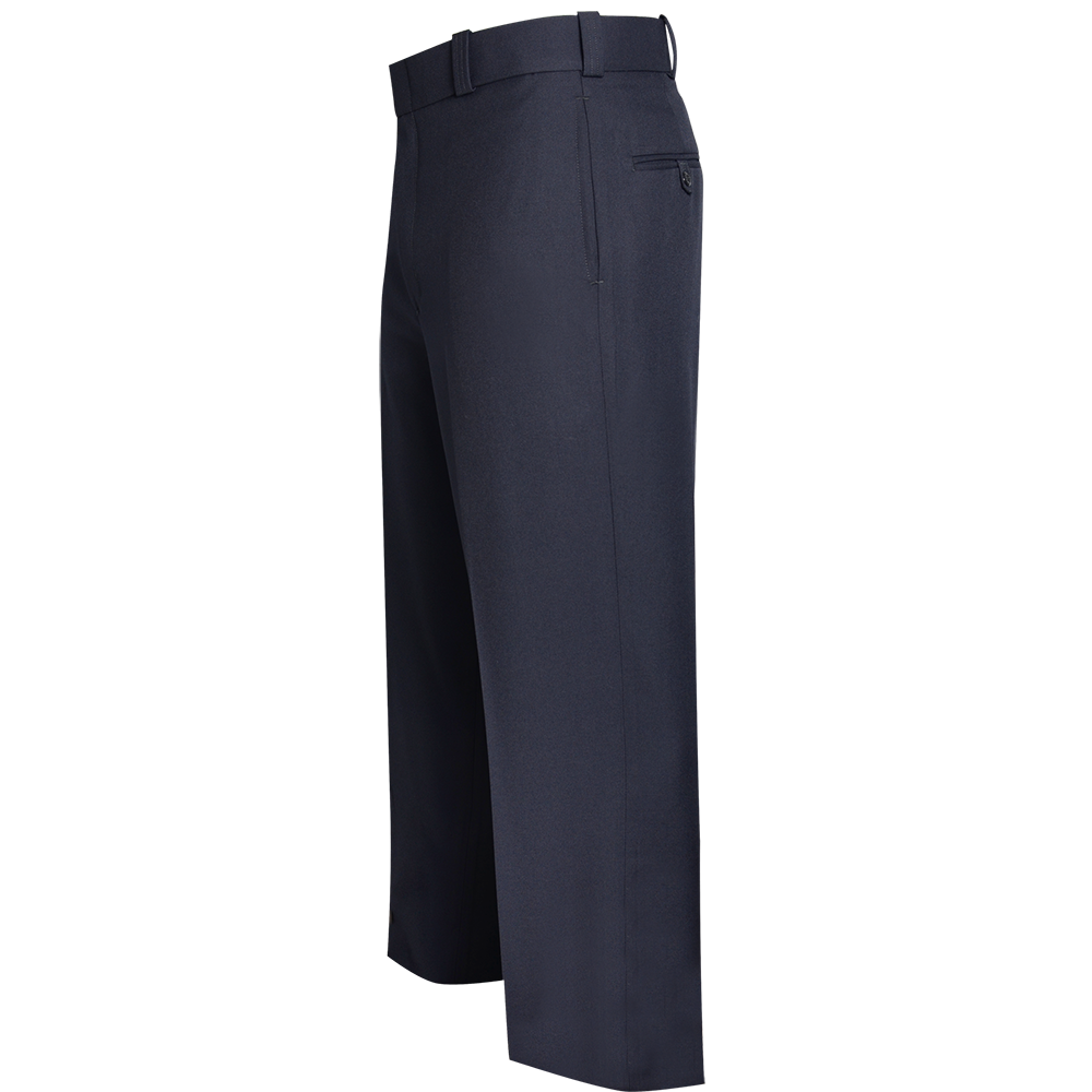 Product shot of dark navy uniform pants showing a side view with a center crease a visible pocket and a belted waist