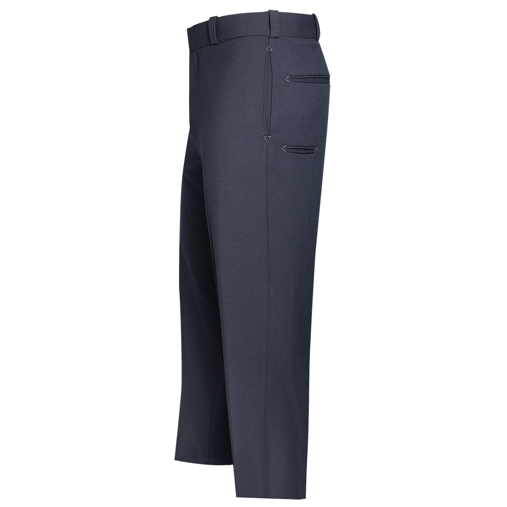 Product shot of dark gray uniform pants featuring a center crease two zippered pockets and subtle stitching details