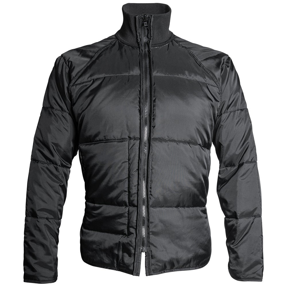 Product shot of a black puffer jacket featuring a high collar, a full-length zipper, and quilted panels.