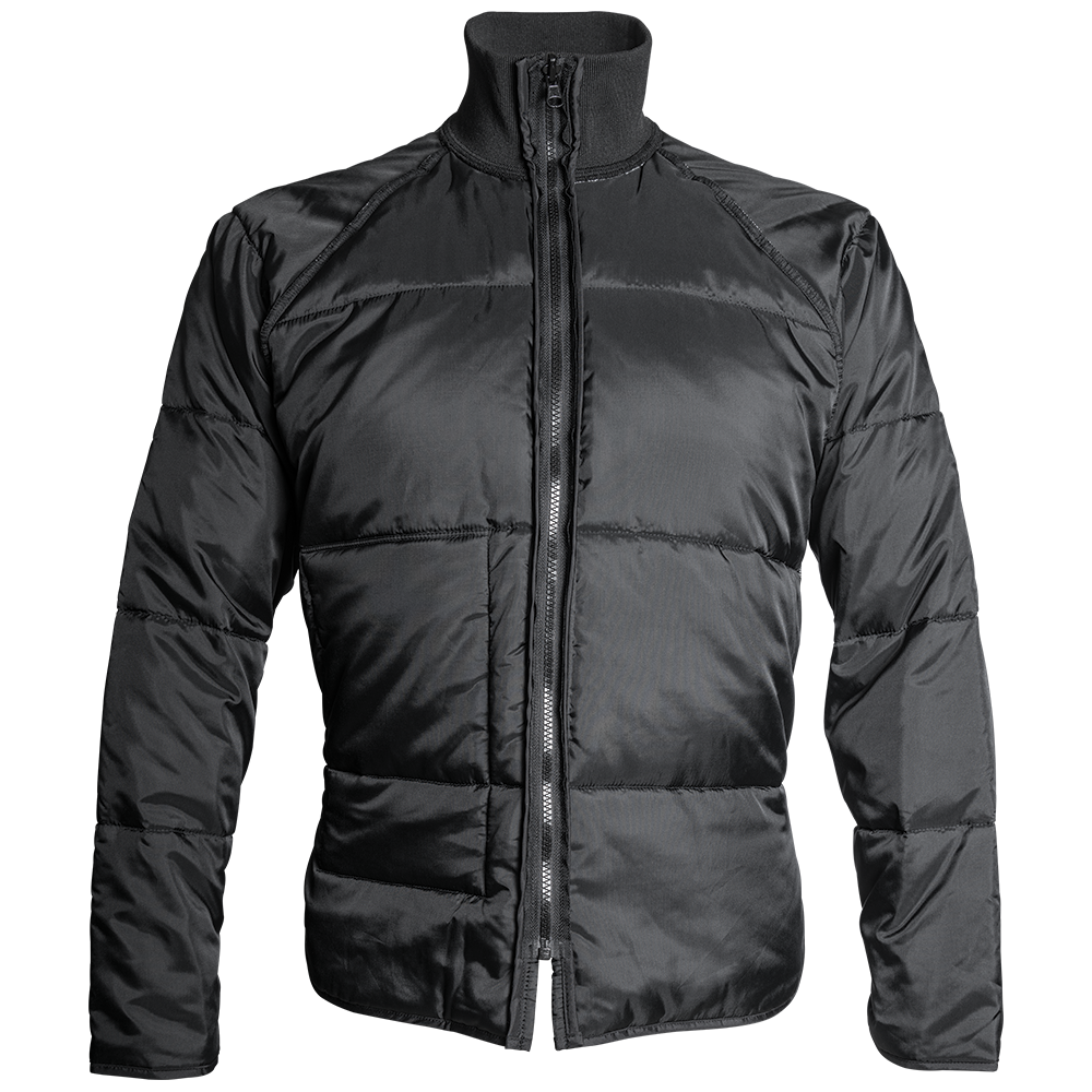 Product shot of a black puffer jacket featuring a high collar, quilted design, and a full-length zipper