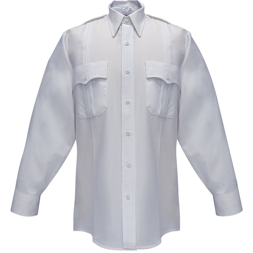 Product shot of a long-sleeved white uniform shirt featuring two breast pockets, button closures, and long cuffs against a white background